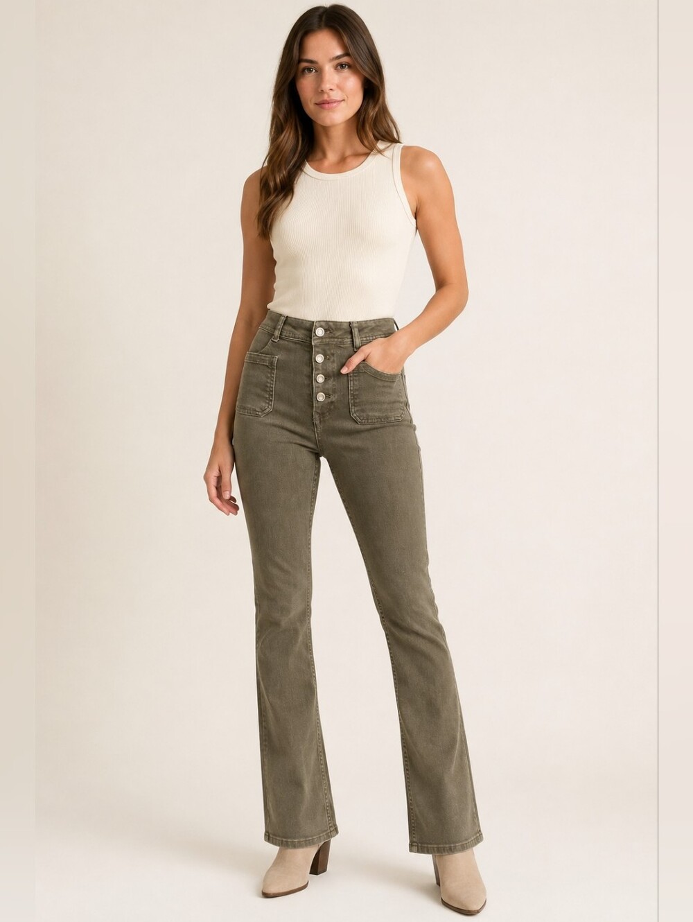 Zara Olive High Rise Button Fly Bootcut Jeans Size 2